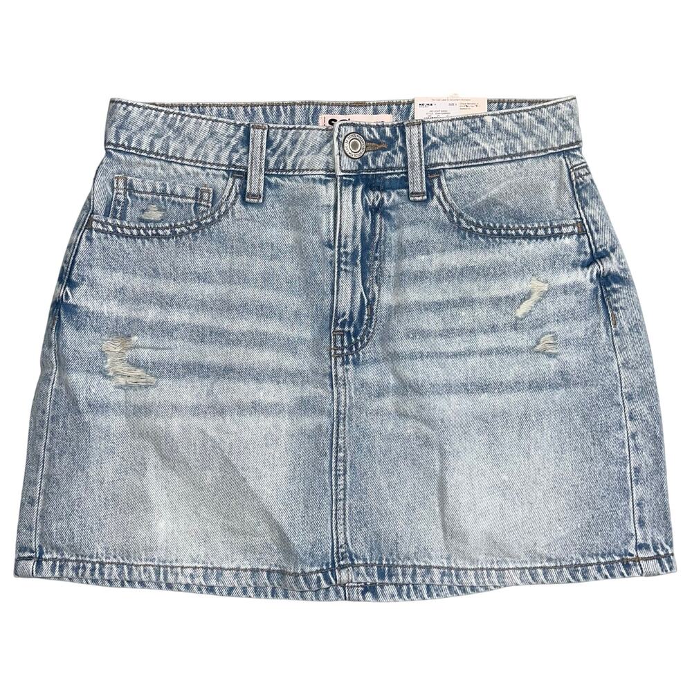 SO Womens Mid Rise Denim Blue Jean Mini Skirt Light Wash Distressed Size 5 27W